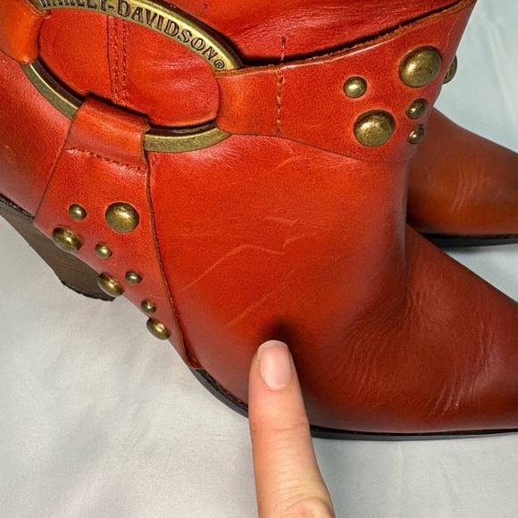 Vintage Harley Davidson Women’s 7.5 Burnt Orange Harness Heeled Boots Side Zip - Picture 6 of 14